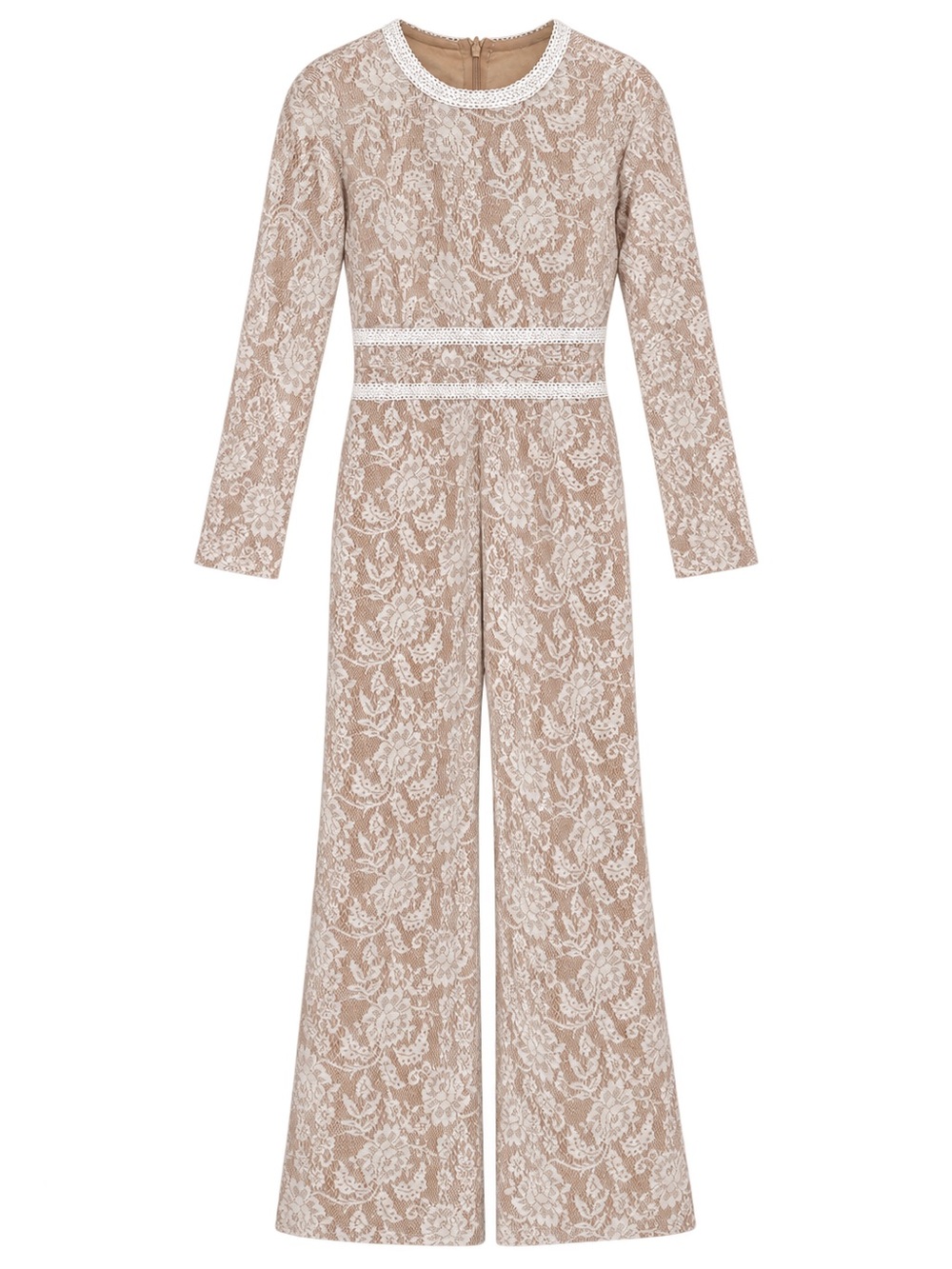 Cream Lace Long-Sleeve Jumpsuit with Waist Belt